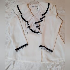White Double Breasted Ruffled Blouse with Black Trim By Nilani, Size 10